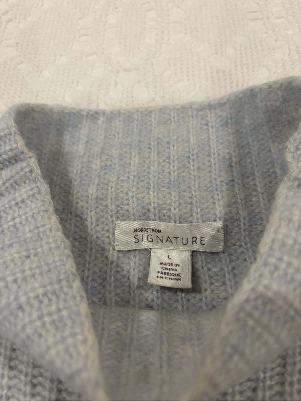 Nordstrom Light Blue Cashmere Silk Cable-Sleeve Mock Neck Sweater - Picture 2 of 7